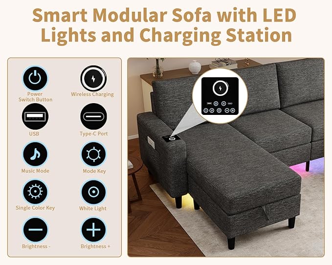 Smart Sectional Couches for Living Room, 6 Seat U/L Shaped Sectional Sofa with RGB Light/Charging, Modern Living Room Furniture for Apartments/Office/More (Dark Grey)