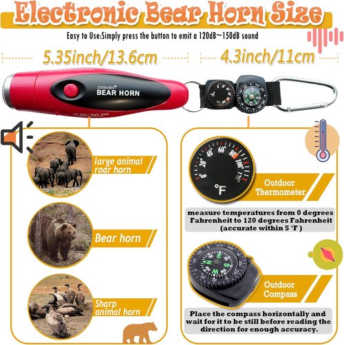 JIUSAIRUI 120dB Electronic Air Horn - Scare Bears & Enhance Safety with Compass & Thermometer
