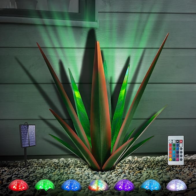 KODIBO Large Tequila Rustic Sculpture, Rustic Metal Agave Plants for Outdoor Patio Yard, Home Decor Hand Painted Metal Agave Garden Yard Statue, Outdoor Lawn Ornaments (Green - L (W/Solar Light))