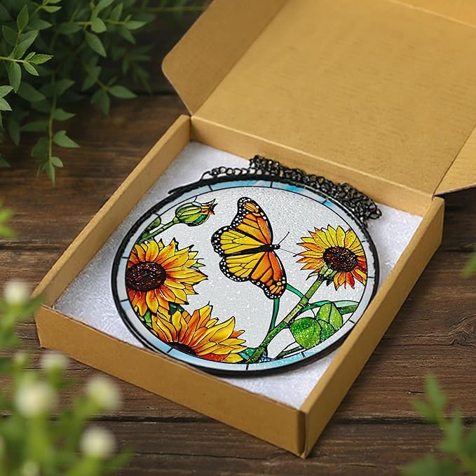 Stained Glass Window Hanging, 8 Inch Butterfly Sun Catchers Indoor Window, Suncatchers for Windows Hanging, Home Decoration and Christmas, Festival, Mother's Day, Birthday, Gifts for Women, Mom