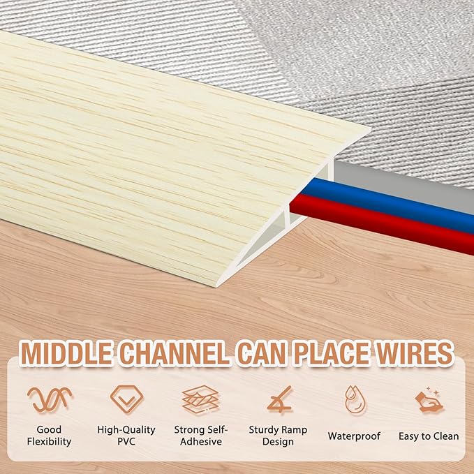 Floor Transition Strip Self Adhesive Vinyl Door Threshold for Doorways Carpet Edging Trim Overlap Edge Reducer for Laminate Floor, Carpet, Tile (Beige Wood Grain, 1/5" to 2/5", 3.3Ft)