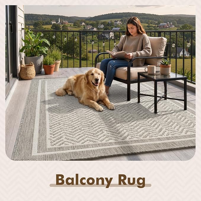 MontVoo-Outdoor Rug-Patio Rug 6x9 Polypropylene Indoor Outdoor Rugs Outdoor Carpet for Patio Deck Balcony Porch, Textured Weave, Durable for High Traffic, Fade-Resistant, Boho Farmhouse Silver Grey