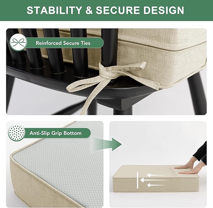 Summsun Patio Chair Cushions Set of 4, Faux Linen Outdoor Furniture Cushions, Water Resistant Backrest and Deep Seat Cushion Set with Straps, Removable Cover, Non-Slip Bottom, 22 x 22 Inch, Beige