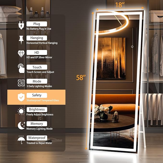Hasipu Full Length Mirror with Lights, Full Body Dressing Hanging Mounted Mirror