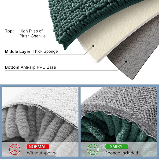 Smiry Luxury Chenille Bathroom Rugs 30x20, Extra Soft and Absorbent Shaggy Bath Mat, Machine Washable, Non-Slip Plush Carpet Runner for Tub, Shower, and Floor, Home Decor Accessories, Green