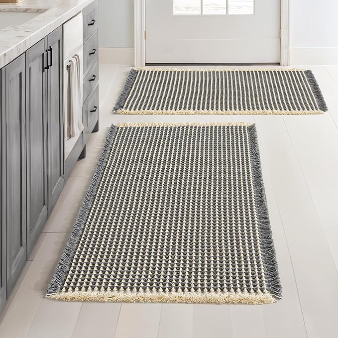 MIULEE Set of 2 Waffle Bathroom Rugs, Boho Bath Rugs Non Slip Washable, Super Absorbent Bath Mats, Ultra Soft Rubber Backed Shower Mats for Bathroom Floor, Tub, Dark Grey & Yellow, 20x32 Inch