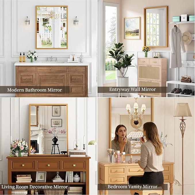 Syndra Natural Wood Frame Bathroom Mirror, 30x40'' Modern Vanity Mirror