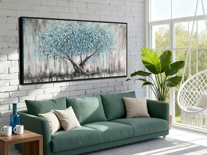 Arjun Framed Blue Tree Extra Large Canvas Wall Art for Living Room Tree of Life Abstract Bedroom Textured Painting, Nature Picture Panoramic Landscape Artwork Home Office Decor, Black Wood 58"x29"