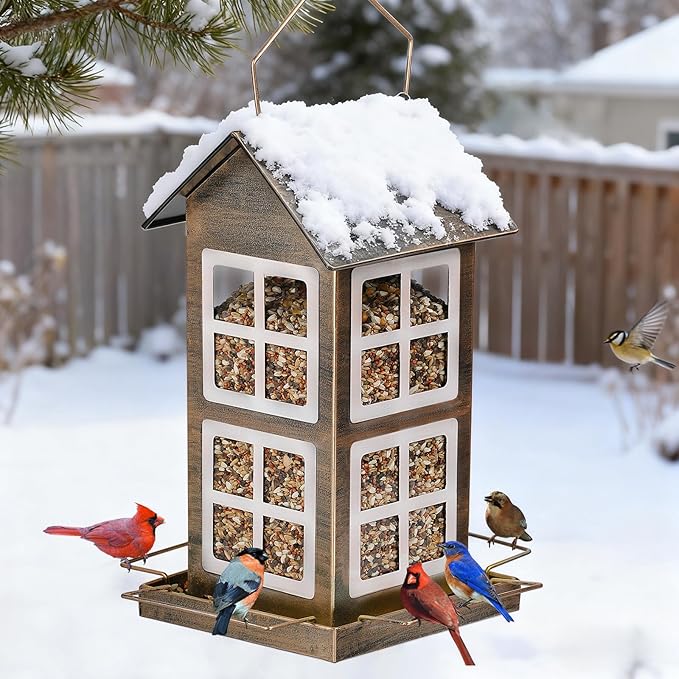 Bird Feeders, Heavy Duty Metal Bird Feeder for Outdoors Hanging, Weatherproof Large Capacity Wild Birdfeeder for Outside Garden Yard, Country House Shape (Vertical)