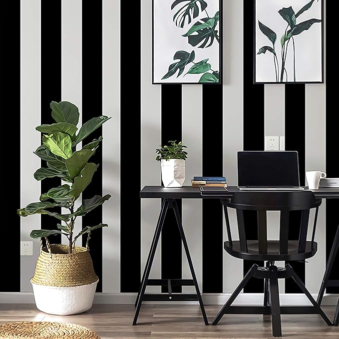 Guvana Striped Peel and Stick Wallpaper Black and White Self-Adhesive Wallpaper