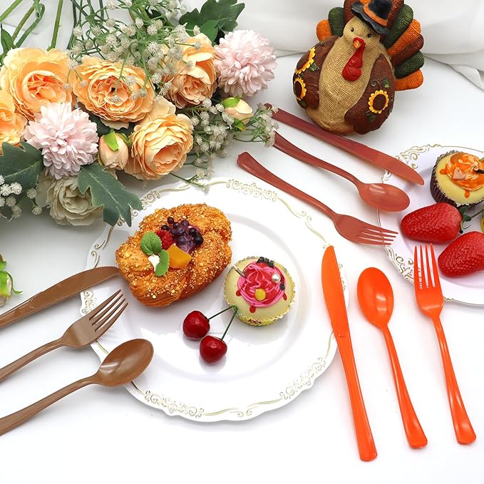153PCS Fall Plastic Cutlery, Thanksgiving Plastic Silverware Heavy Duty Disposable Cutlery Set Includes Spoons Forks Knives for Thanksgiving Fall Party