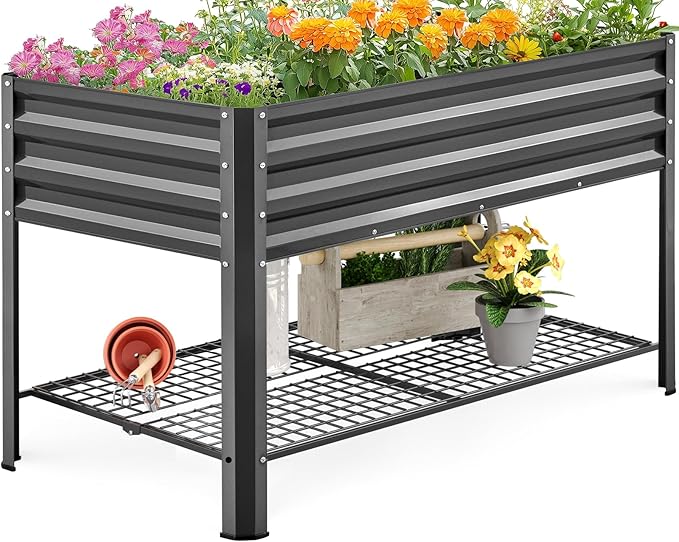 KING BIRD Large Raised Garden Bed with Legs & Storage Shelf Galvanized Elevated Planter Box for Backyard, Patio, Balcony, 400lb Capacity, Dark Grey 48×24×31.5 in
