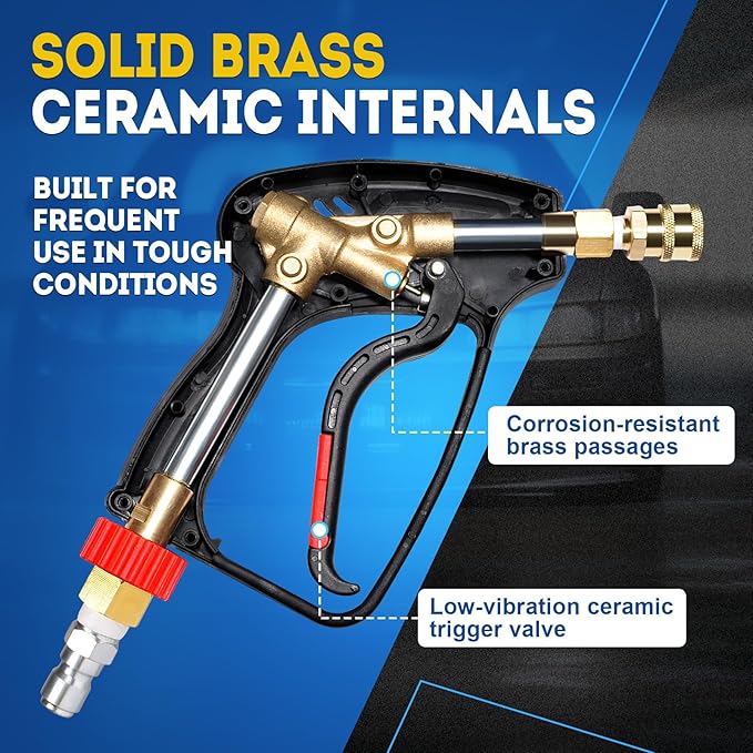 TOOLCY Pro Short Pressure Washer Gun 5000 PSI with 360° Swivel,3/8" Quick Connect Inlet, High Pressure Washer Gun with 1/4" Quick Connect Outlet, Includes 3/8" QC to M22-14mm Adapter & 5 Nozzle Tips