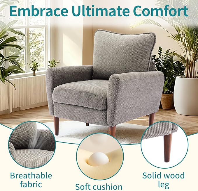 OLIXIS Comfy Accent Chair for Living Room Bedroom and Waiting Room, Upholstered Mid-Century Reading Chair with Pillow and Solid Wood Legs, Wide Singe Modern Lounge Sofa (Gray)