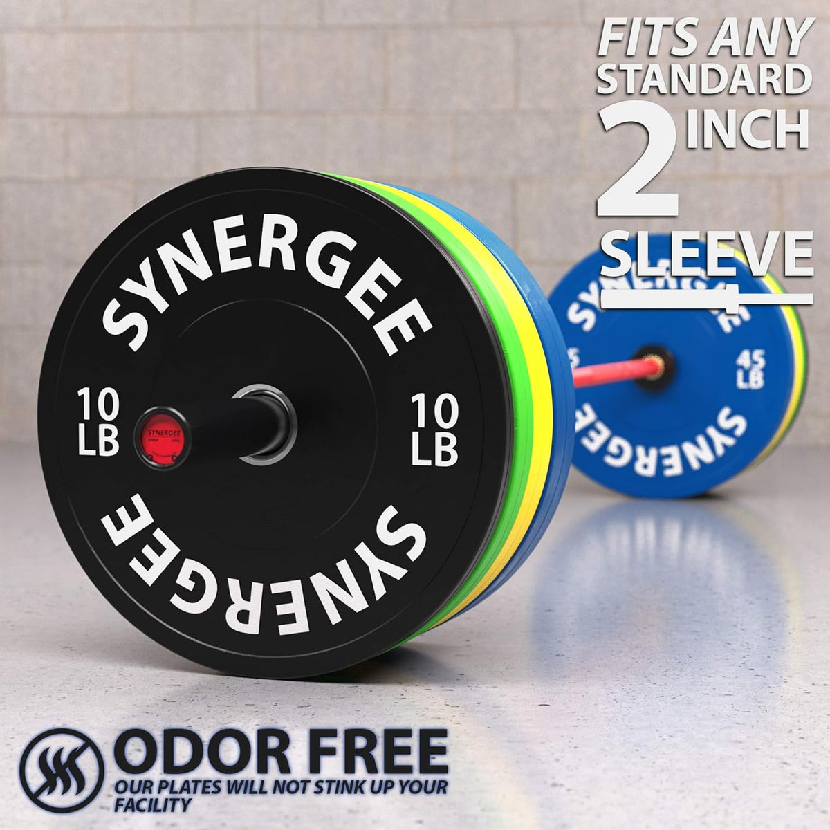 Synergee Bumper Plates – Durable Olympic Weight Plates, Low-Bounce Rubber for Strength Training, Powerlifting, and Functional Workouts.