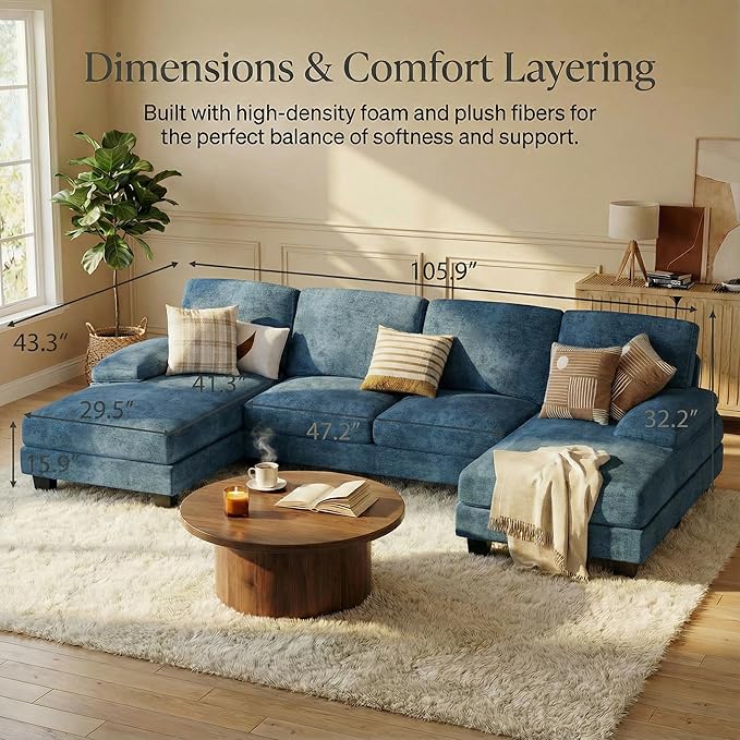 Homall Modular Sectional U Shaped Sofa Couches for Living Room, Comfy Chenille 4 Seat Sofa Set with Removable Pillows, Lounge Chaise Upholstered Couch for Apartment (Chenille, Light Blue)