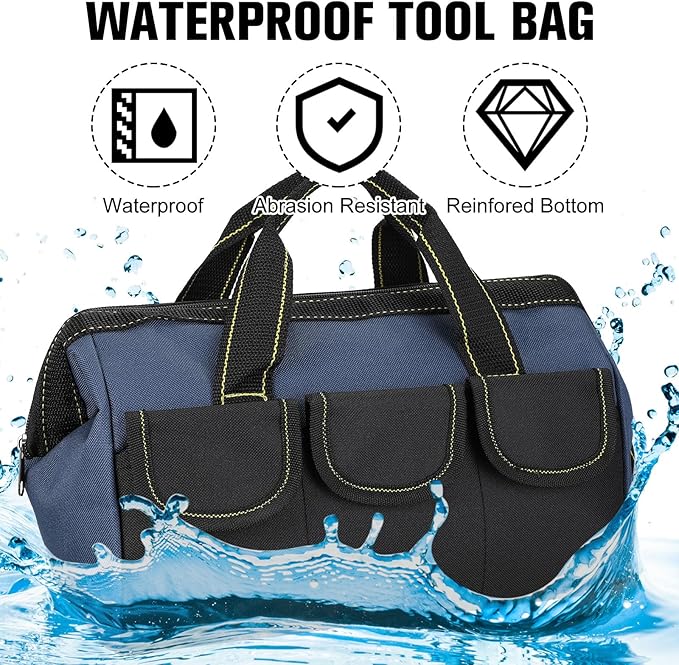 Sanwuta 3 Pack Tool Bag for Men with Waterproof Hard Bottom, Heavy Duty Tool Bag Wide Mouth Tote for Various Instrument, Electrician Carpenter Mechanic(Red, Army Green, Blue,16 Inch,Classic)