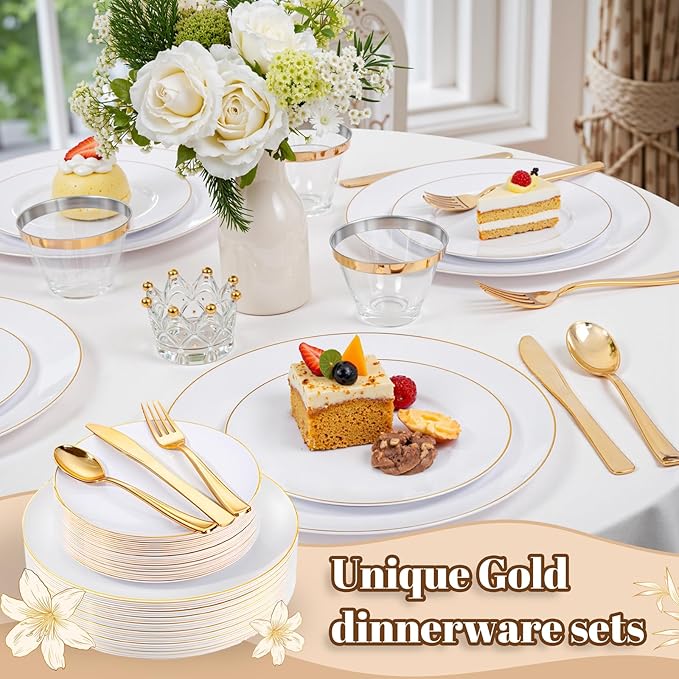 WDF 150Pcs White and Gold Plastic Plates - Gold Plates Disposable - 25guest Disposable Dinnerware Include 25 Dinner Plate, 25 Dessert Plate, 25 Cutlery & 25 9oz Cups for Wedding & Thanksgiving Party