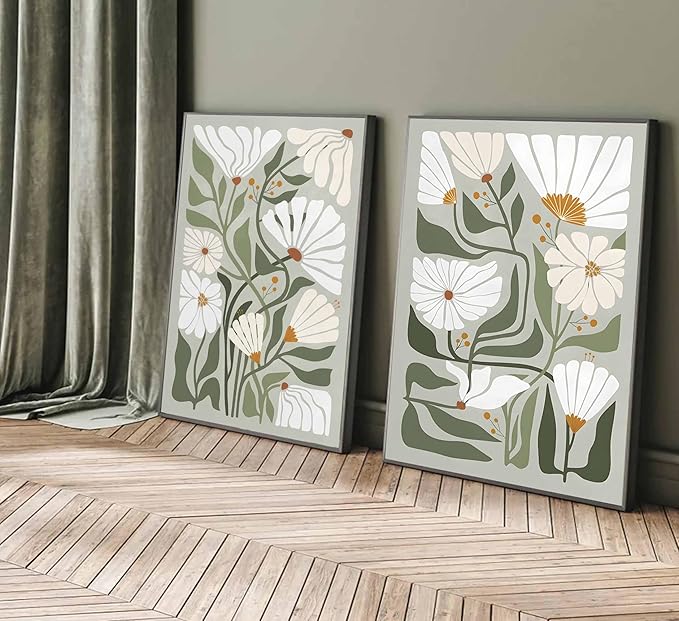2 Pcs Boho Wildflowers Canvas Wall Art Green Bohemia Abstract Floral Botanical Painting Picture Wall Decor Poster Print Artwork for Living Room Bedroom Bathroom Home Decoration Unframed