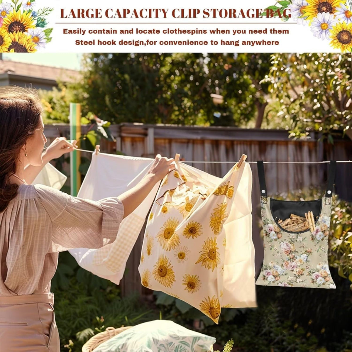 Clothespin Bag with Large Capacity for Mini Clothespins and Wooden Clothespins with Large Opening Storage Organizer Space-Saving Laundry Hanging Bag - Flower Pattern