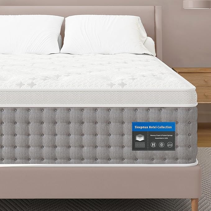 Sleepmax Queen Mattress 14 Inch - Firm Hotel-Collection Hybrid Mattress Pain Relief - Extra Lumbar & Hip Support - Deep Sleep Bed in a Box - Fiberglass-Free, CertiPUR-US Certified, 365-Night Trial