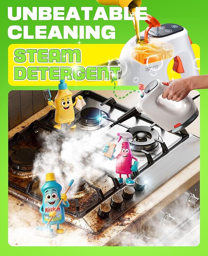 POPCHOSE Steam Cleaner with Detergent Dispenser, 15s Heat-Up Handheld Steam Cleaner for Home, 500ml Removable Water Tank, Lightweight Portable Steamer for Cleaning Grout, Windows, Kitchen, Easy Refill