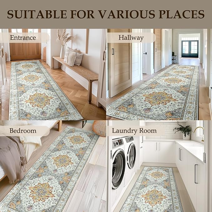Area Rugs 2'x10' Runner Rug Non Slip Washable for Kitchen Hallway Bedroom Beside Laundry Room Bathroom Rug, Floor Carpet, Light Yellow Carbon Grey Orange