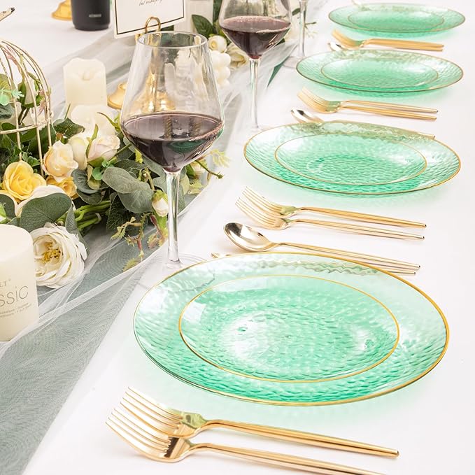 Rubtlamp 60 Green Plastic Plates, Hammered Clear and Gold Disposable Plates Include 30 Dessert Platos, 30 Dinner Platos for St. Patrick's Day