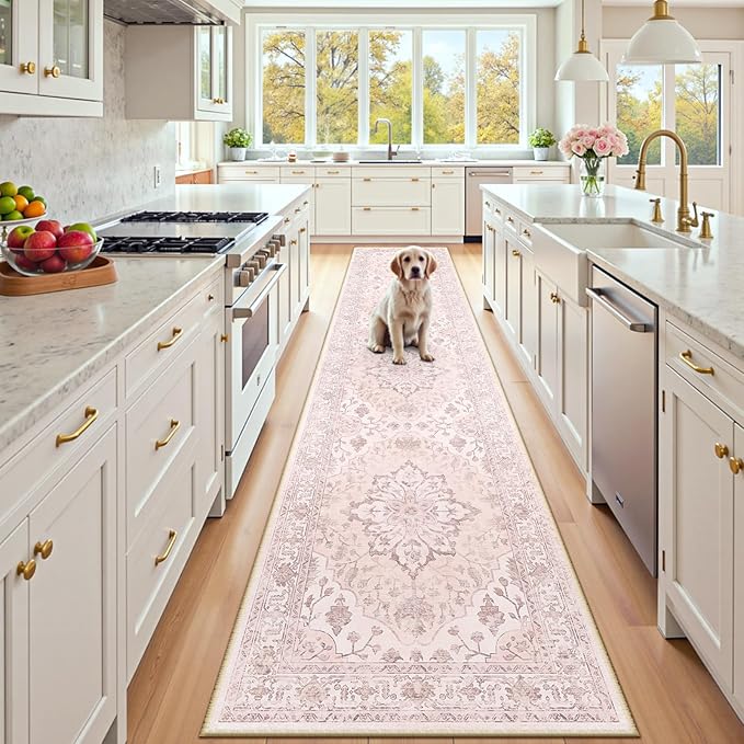 Area Rugs 2'x10' Runner Rug Non Slip Washable for Kitchen Hallway Bedroom Beside Laundry Room Bathroom Rug, Floor Carpet, Pink Greypink Cute