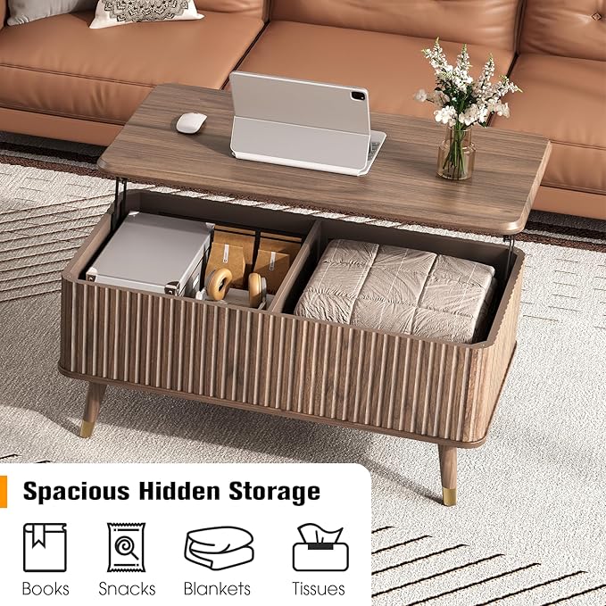 Lift Top Coffee Table with Storage, Mid Century Modern Fluted Wood Design,Pop-Up Walnut Center Table with Hidden Compartment for Living Room & Home Office Work/Dining