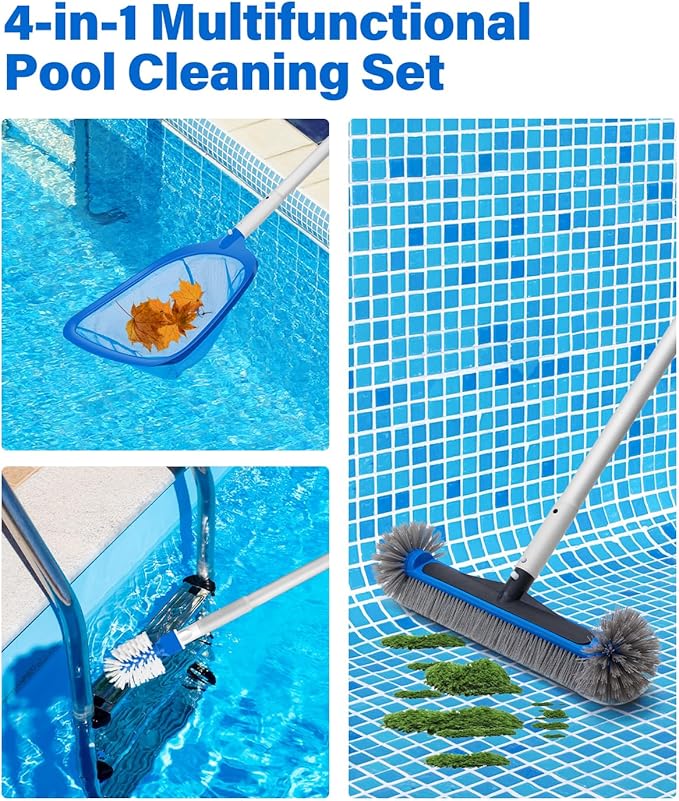 4-in-1 Deluxe Pool Cleaning kit, Pool Cleaning Tools with 10Ft Adjustable Pole, 13.4'' Fine Mesh Skimmer Net, 17.3'' Swimming Pool Brush & Extra Brush Head for Cleaning Inground & Above Ground Pools