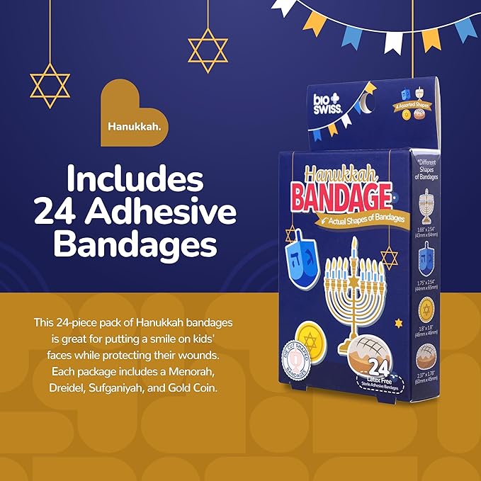 BioSwiss Kids Bandages, Hanukkah Shaped Self Adhesive Bandage Set, Latex Free, Sterile Wound Care, 24 Count