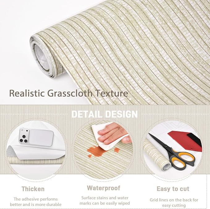 MelunMer Grasscloth Peel and Stick Wallpaper 17.3"x393", Contact Paper