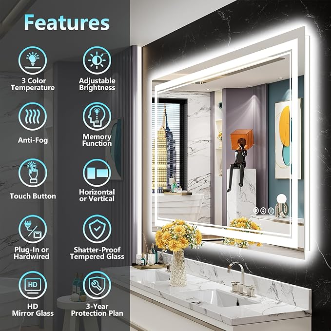48x28 LED Bathroom Mirror with Lights, Backlit and Front Lit Anti-Fog Lighted