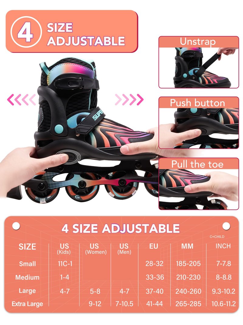 SUPER YOUNGSTER Girls Inline Skates for Boys Kids Ages 4-12, Adjustable Light Up Roller Skates for Youth Teens Ages 8-12, Beginner Blades for Women Adults