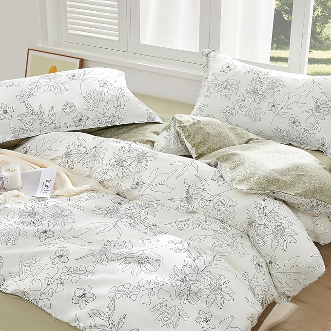 SAPHREAS Drawing Sunflower Duvet Cover Set Queen Size 3pcs Flower Printed White Bedding Comforter Cover Set 100% Cotton 1 Duvet Cover 90"x90" 2 Pillow Shams, Comforter Not Included