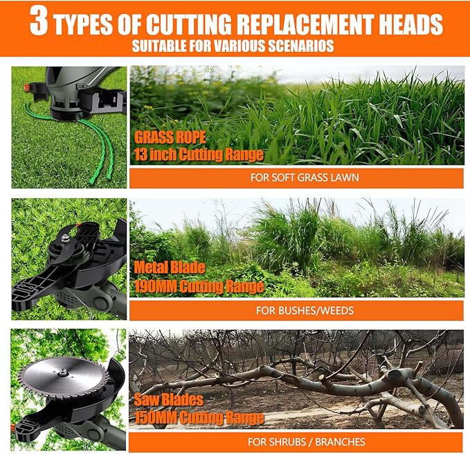 13-Inch String Trimmer Cordless,(2 x 21V 6.0Ah Batteries & Charger), Trimmer/Edger/Lawn Mower/Brush Cutter 4-in-1, Electric Weed Wacker with 2x2 Mowing Grass System, 3 Cutting Methods