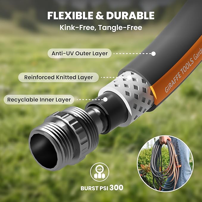 Giraffe Tools 75FT Garden Hose, 5/8" Lightweight Lay Flat Water Hose, No-Kink, Flexible Gardening Hose with Male to Female Aluminum Fitting, Customizable-Length Hose Pipe for Yard