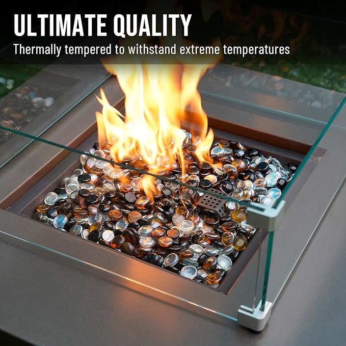 Skyflame 10-Pound Blended Fire Glass Beads for Fire Pit Fireplace Landscaping, 1/2-Inch Onyx Black, Crystal Ice, Caramel Luster