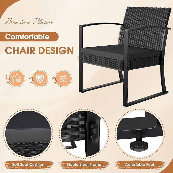 Homall Resin 3 Pieces Patio Furniture Set, Outdoor Bistro Set with Cushions and Glass Table, Conversation Set Rattan Chair for Porch, Balcony, Poolside, Garden (Black)