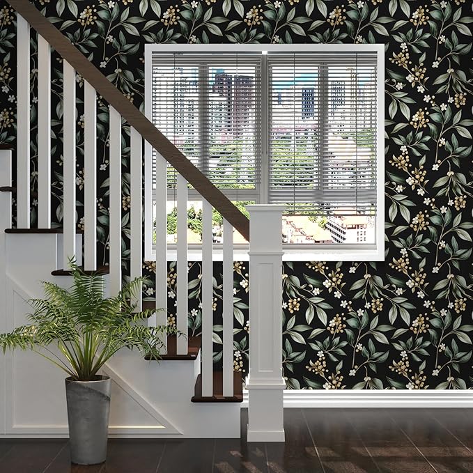 Black Green Floral Peel and Stick Wallpaper, 17.5" x 197" Vintage Dark Green