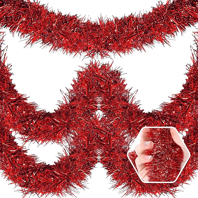 25 Feet Christmas Foil Fringe Banner Metallic Tassle Garland Metallic Backdrop Parade Floats Shiny Hanging Ceiling, Valentine's, Wedding, New Year Party Decorations(4" x 25', Red)