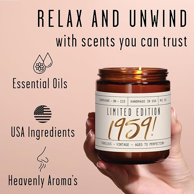 65th Birthday Gifts for Women - 'Limited Edition 1960' Soy Candle, w/Champagne on Ice I 65 Birthday Gifts for Women I 65th Gift for Her Ideas I 9oz Reusable Jar, 50Hr Burn, Made in USA