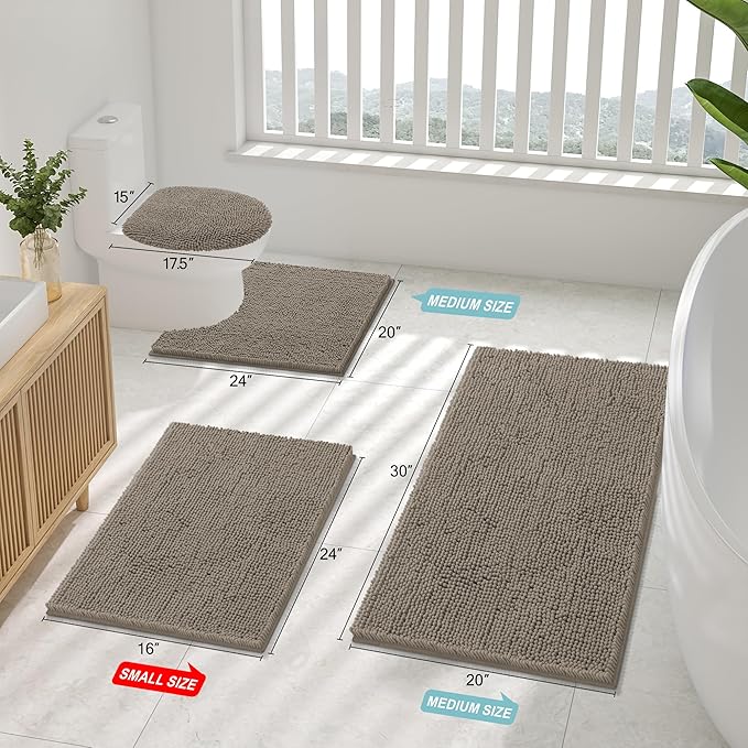 Smiry Luxury Chenille Bathroom Rugs 24x16, Extra Soft and Absorbent Shaggy Bath Mat, Machine Washable, Non-Slip Plush Carpet Runner for Tub, Shower, and Floor, Home Decor Accessories, Latte