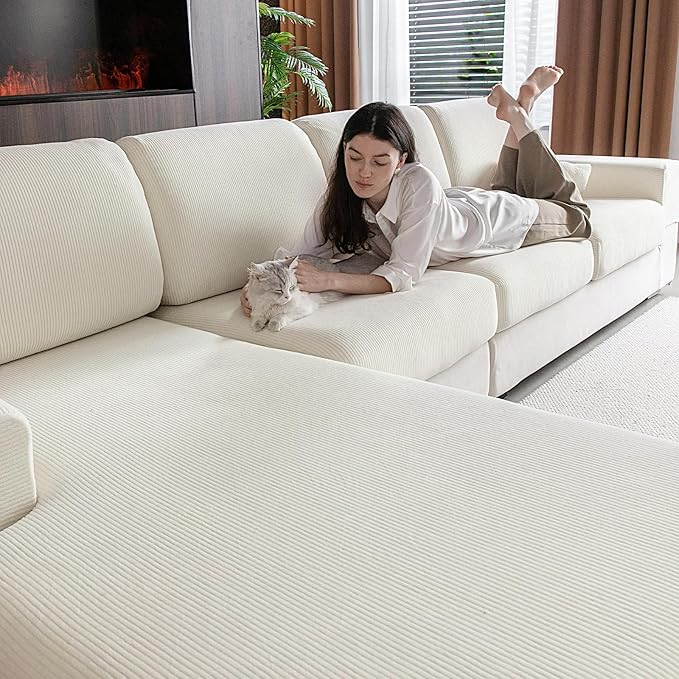 OHSIO Sectional Couch Covers, Wear Resistant Stretch Sofa Covers Washable Soft Couch Cushion Covers Anti Slip Furniture Protector Sofa Slipcovers for Pets (1 Piece Armrest Sofa Cover, Ivory)