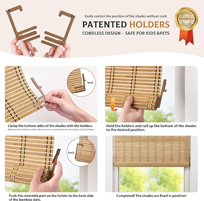 LazBlinds Cordless Bamboo Blinds, Roll Up Shades