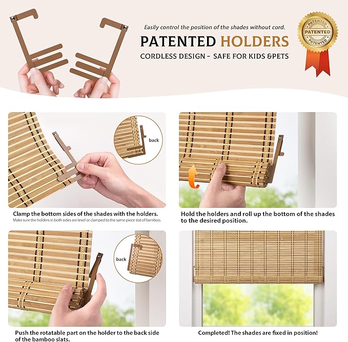 LazBlinds Cordless Bamboo Blinds, Roll Up Shades
