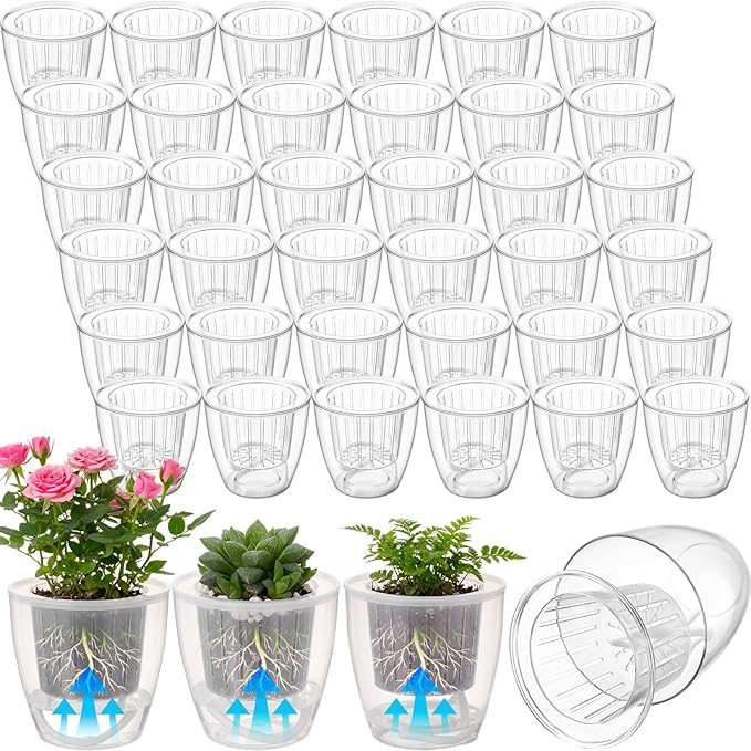 36pcs Self Watering Pots 4.3 Inch Plastic Flower Plant Pot with Inner Pot Self Watering Wick Planter White Clear Flower Pots for Indoor House Plants Herbs, Flowers, Succulents (Transparent)