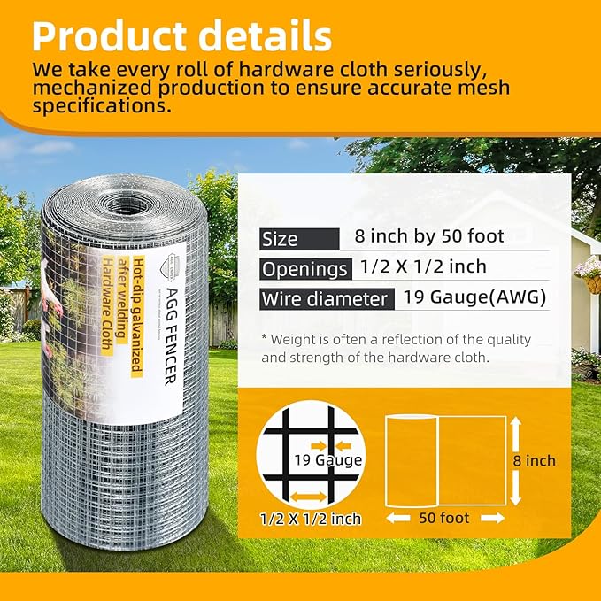 8inch x 50ft Hardware Cloth 1/2 inch Chicken Wire Fencing 19Ga, Hot Dipped Galvanized After Welding Garden Plant Supports Welded Metal Chicken Wire Fence, Poultry Animal Netting Cage Screen