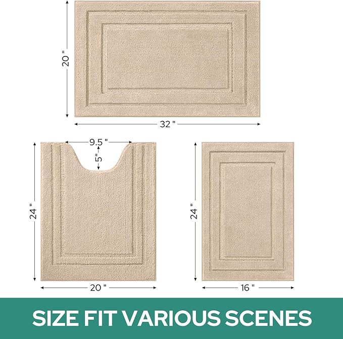 HOMEIDEAS Bathroom Rugs Sets 3 Piece, Super Soft and Absorbent Non Slip Microfiber Toilet Bath Mat with U-Shaped (Beige)